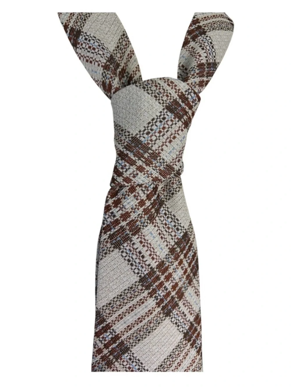 Vintage 70s Plaid Necktie Wide Brown Cream Blue Woven Grandpa Core Office Siren